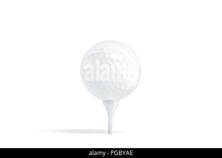 Blank white golf ball on tee mockup, stand isolated, 3d rendering. Empty golfing sphere mock up, front view. Clear sport plastic round bal template. Stock Photo