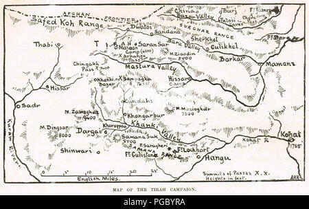 Map of the Tirah Campaign, also known as the Tirah Expedition, an Indian frontier war in 1897–1898 Stock Photo