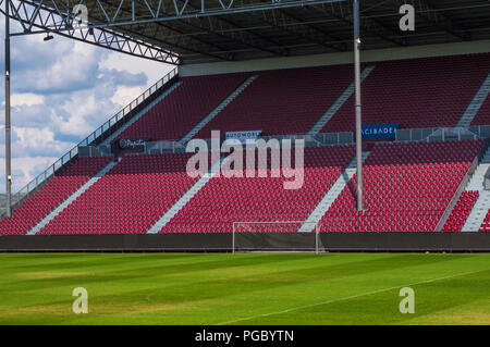 CLUJ-NAPOCA, ROMANIA - JULY 29, 2018: soccer field and tribune at Cluj Arena in Cluj, Transylvania Stock Photo