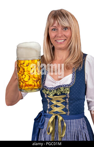 Woman in bavarian costume Dirndl holding an mug of beer at Oktoberfest in Munich Stock Photo