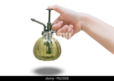 Hand holder vintage plant and flower sprayer glass bottle isolated on white with clipping path Stock Photo