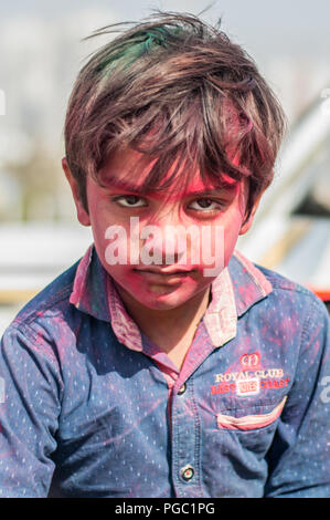 Gurgaon, India - 02 March 2018: An Indian boys celebrating Holi Festival. Stock Photo