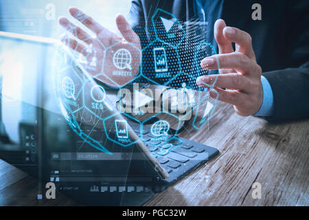 Digital marketing media (website ad, email, social network, SEO, video, mobile app) in virtual globe shape diagram.success businessman hand using eyeg Stock Photo