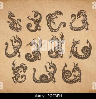 Chimeras ancient medieval set gargoyles vector collection on old parchment vintage illustration Stock Vector