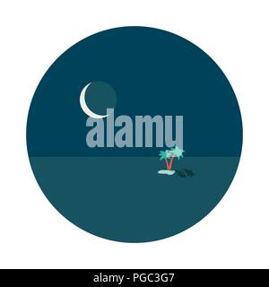 Night desert oasis lake with two palms in middle of sands and big cold moon vector round vignette concept, poster wallpaper illustration isolated on w Stock Vector