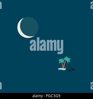 Night desert oasis lake with two palms in middle of sands and big cold moon vector concept poster wallpaper illustration isolated on white Stock Vector