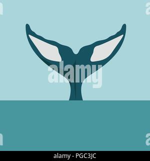 Whale tail diving in ocean or sea body part of killer or humpback whale in flat vector illustration style Stock Vector