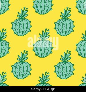Cute hand-drawn seamless pattern with cactus. Vector illustration isolated on yellow Stock Vector