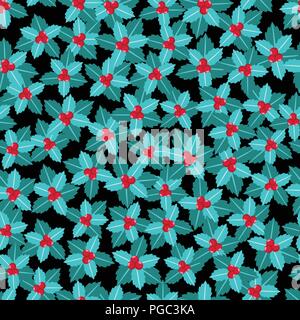 Mistletoe with red berries seamless pattern. Merry Christmas. Vector illustration isolated on dark background. Stock Vector