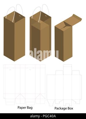 box and bag dieline for bottle package mockup Stock Vector