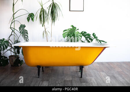 Design of loft Interior of bathroom or room. White walls with free copyspace. Trend green - palm leaves on background. Modern design yellow bath. Stock Photo