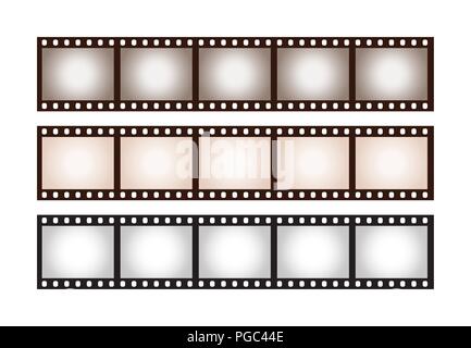 Close up three stripes of five frames of classical 35 mm film with shaded vintage toned vignette isolated on white background Stock Vector
