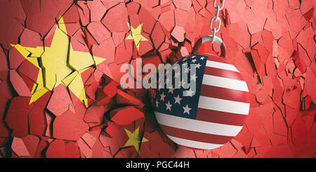 US of America and China relations. USA flag wrecking ball breaking a Chinese flag wall. 3d illustration Stock Photo