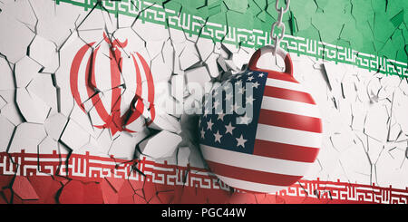 US of America and Iran relations. USA flag wrecking ball breaking a Iran flag wall. 3d illustration Stock Photo