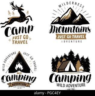 Campaign logo or label. Hiking trip, hike icon set. Typographic design vector Stock Vector