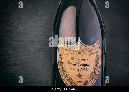 Tambov, Russian Federation - August 14, 2018 Close-up of Bottle of Champagne Dom Perignon Vintage 2005 against black background. Studio shot. Stock Photo