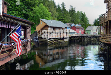 Creek Street, Ketchikan, Alaska. In 1903,this was the town's red-light district but today the boardwalk has  gift shops, museums and restaurants. Stock Photo