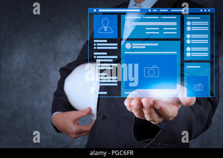 Web page browser of Social media Page VR Interface on the laptop computer.smart engineer working on new technology. Stock Photo