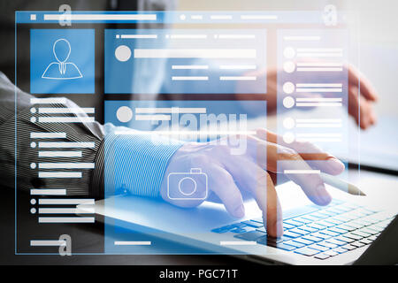 Web page browser of Social media Page VR Interface on the laptop computer.businessman working with mobile phone and stylus pen and laptop computer  on Stock Photo