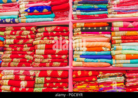 Very Popular Colorful Indian Nepali Sari Fabric for Sale in the Market of Kathmandu Nepal.Fabric Background Concept. Stock Photo