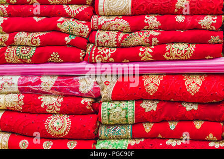 Very Popular Colorful Indian Nepali Sari Fabric for Sale in the Market of Kathmandu Nepal.Fabric Background Concept. Stock Photo