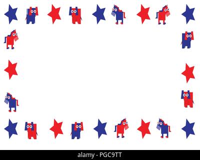 Red, white and blue GOP elephant and Democrat donkey with stars in border or frame with copy space. Stock Vector