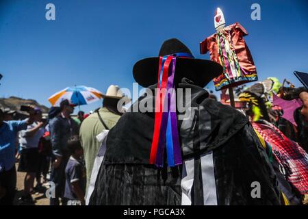 The Pharisees of the Yaqui tribe perform a mask burning ritual during Holy Week in Hermosillo, Sonora Mexico. They use strange characters of animals, Stock Photo