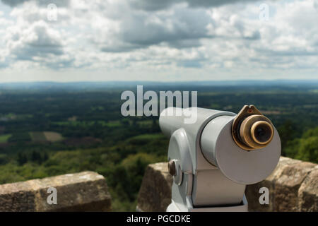 Looking out from a telescope view point across the Surrey and Sussex countryside from the North Downs to the South Downs. Taken from Leith Hill Tower. Stock Photo