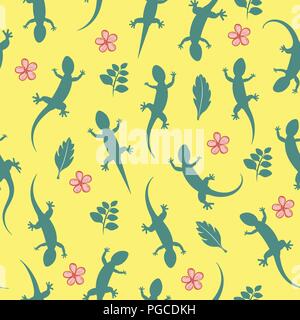 Green silhouette lizard gecko. Seamless pattern background. Vector illustration isolated on yellow background. Stock Vector