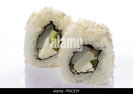 Sushi rolls japanese food isolated on white background.Menu of the Japanese restaurant. Two sushi with fish vegetables with Philadelphia cheese Stock Photo