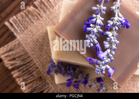 Closeup of handmade lavender soap on table Stock Photo