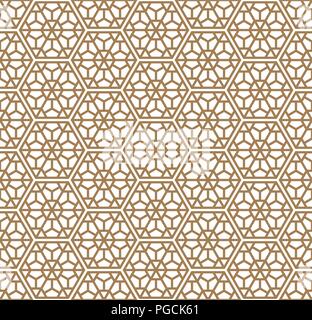 Seamless geometric pattern based on Japanese ornament Kumiko.Golden color.Separated hexagons. Stock Vector
