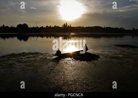 Beautiful Dal Lake at the time of Evening Sunset. Two Fisherman's trying to catch sum Fish. Stock Photo