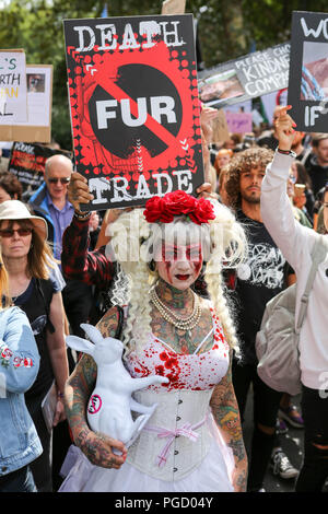 London, UK. 25th Aug, 2018. Animal rights activists gather at Millbank for the start of a demonstration march to Hyde Park, through central London. Penelope Barritt/Alamy Live News Stock Photo