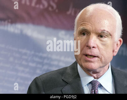 US Republican Senator John McCain, a fighter pilot, revered prisoner of war and both an independent voice in the Republican Party and its 2008 presidential nominee, died on Saturday, little more than a year after he was told he had brain cancer. He was 81. 25th Aug, 2018. Pictured: July 27, 2017 - Washington, DC, U.S. - Senator John McCain announces he will not support the 'skinny repeal' of the Affordable Care Act (ACA). Credit: Ron Sachs/CNP/ZUMA Wire/Alamy Live News Stock Photo