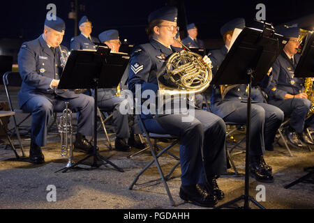 Nanton, Canada. 24th August, 2018.  4 Wing Royal Canadian Air Force band from Cold Lake plays at the Bomber Command Museum of Canada. The event is part of a 75th anniversary commemoration of the Dambusters Raid during World War II. Rosanne Tackaberry/Alamy Live News Stock Photo