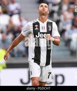 Turin, Italy. 25th Aug, 2018. Juventus' Cristiano Ronaldo gestures during the Italian Serie A soccer match between Juventus and Lazio in Turin, Italy, Aug. 25, 2018. Juventus won 2-0. Credit: Alberto Lingria/Xinhua/Alamy Live News Stock Photo