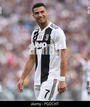 Turin, Italy. 25th Aug, 2018. Juventus' Cristiano Ronaldo reacts during the Italian Serie A soccer match between Juventus and Lazio in Turin, Italy, Aug. 25, 2018. Juventus won 2-0. Credit: Alberto Lingria/Xinhua/Alamy Live News Stock Photo