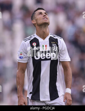 Turin, Italy. 25th Aug, 2018. Juventus' Cristiano Ronaldo reacts during the Italian Serie A soccer match between Juventus and Lazio in Turin, Italy, Aug. 25, 2018. Juventus won 2-0. Credit: Alberto Lingria/Xinhua/Alamy Live News Stock Photo