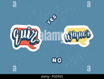 Quiz and Winner stickers. Handwritten lettering with speech bubble. Template  for social media network. Vector illustration. Stock Vector