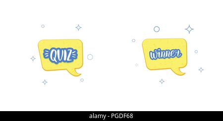 Quiz and Winner stickers. Handwritten lettering with speech bubble. Template  for social media network. Vector illustration. Stock Vector