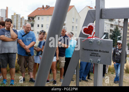 Worms, Germany. 24th Aug, 2018. An unofficial sign with the name Terence-Hill-bridge is affixed to the bridge. Italian actor Terence Hill visited the German city of Worms, to present his new movie (My Name is somebody). Terence Hill added the stop in Worms to his movie promotion tour in Germany, to visit a pedestrian bridge, that is unofficially named Terence-Hill-Bridge (officially Karl-Kubel-Bridge). Credit: Michael Debets/Pacific Press/Alamy Live News Stock Photo