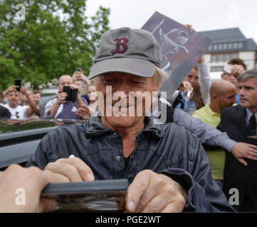 Worms, Germany. 24th Aug, 2018. Terence Hill sign s his autograph for his fans. Italian actor Terence Hill visited the German city of Worms, to present his new movie (My Name is somebody). Terence Hill added the stop in Worms to his movie promotion tour in Germany, to visit a pedestrian bridge, that is unofficially named Terence-Hill-Bridge (officially Karl-Kubel-Bridge). Credit: Michael Debets/Pacific Press/Alamy Live News Stock Photo