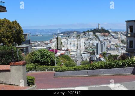View down Lombard Street towards the Coit Tower, San Francisco, California, USA Stock Photo