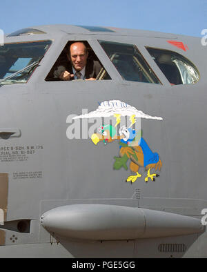 The Russian Federation’s most famous aircraft and space test pilot, Colonel Magomed Tolboev, looks out from the cockpit window of a US Air Force (USAF) B-52H Stratofortress aircraft assigned to the 5th Bomb Wing (BW), as the aircraft is displayed during the Moscow Space and Aviation Show at Ramenskoye Airfield, Russia. Stock Photo