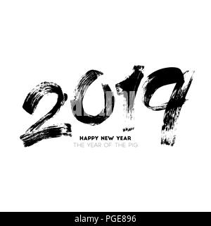 Brush painted vector illustration of the 2019 New Year. The year of the pig. Handwritten lettering isolated on white background for your design Stock Vector
