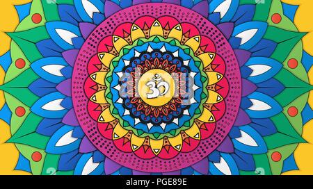 Colorful yoga and meditation background. Vector illustration of Indian decorative round ornament with Om Symbol for your design Stock Vector