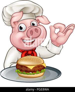 Pig Chef Holding Burger Cartoon Character  Stock Vector