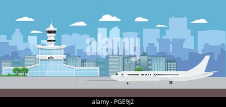 Airport Terminal building with aircraft taking off. Flat and solid color design airport landscape. Vector illustration. Stock Vector