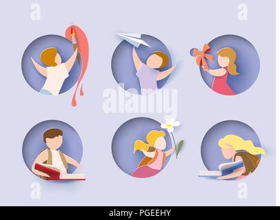 Back to school card. Children in round hole, boy, girl, books. Vector illustration. Paper cut and craft style. Stock Vector